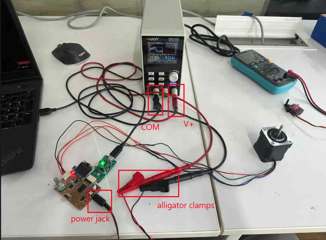 Complete hardware setup powered using the OWON SPE6102 bench power supply